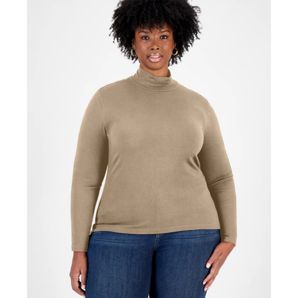 On 34th Plus Size 0X Light Beige Mock Neck Ribbed-Knit Top / Sweater NWT